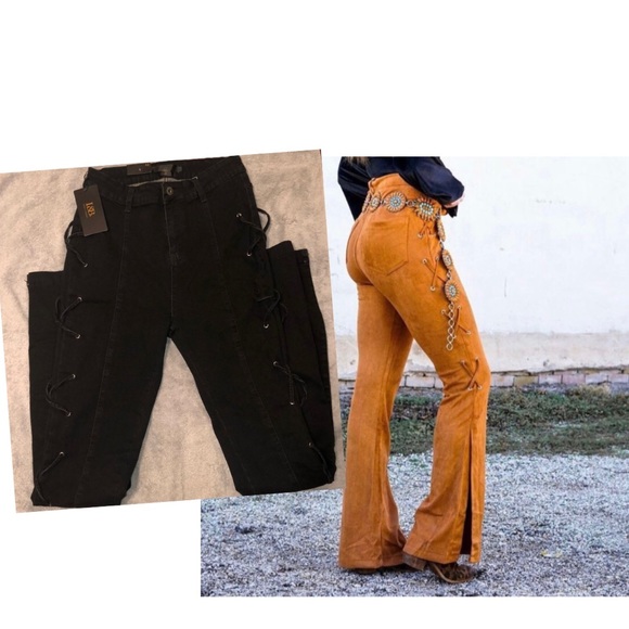 L&B Denim - L&B Black Flare Jeans with Side Lace Size 12 NWT